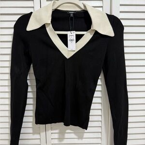 Express Black and Cream Fitted Long Sleeve Blouse